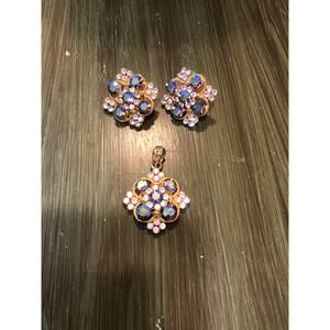 Vintage Purple Gold Rhinestone Pierced Earrings and Pendant Set